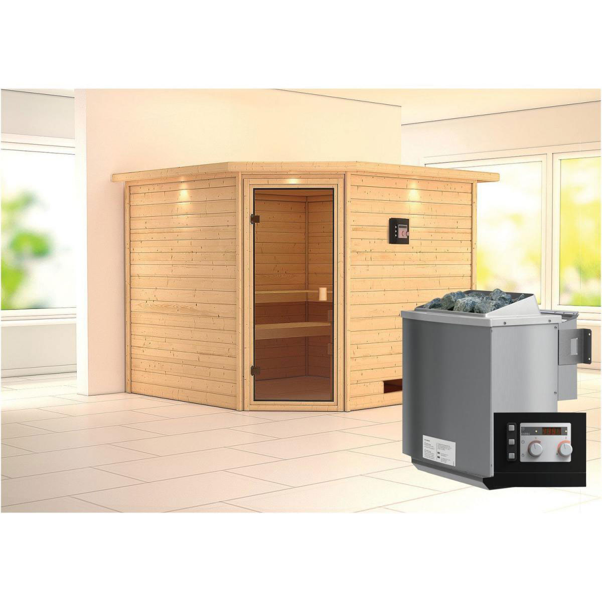 Karibu Sauna Leona Eckeinstieg 9 kW Bio Ofen externe Strg mit Kranz bronzierte Glastür Bild 7