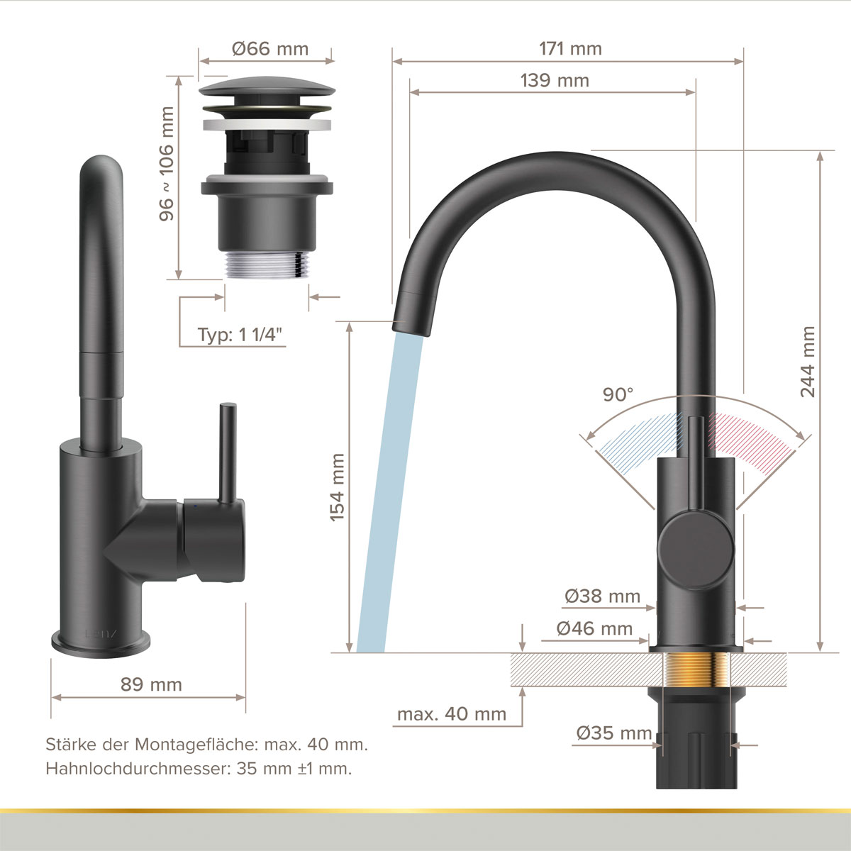 LENZ Waschtischarmatur Moana Easy-Clean Graphit Bild 4