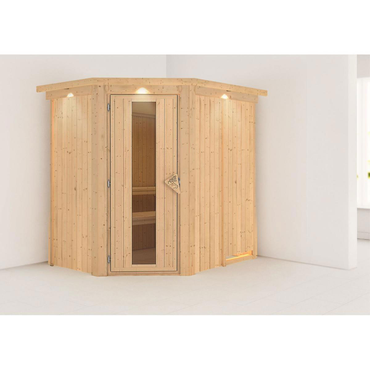 Karibu Carin Eckeinstieg ohne Ofen mit Kranz Tür gedämmt