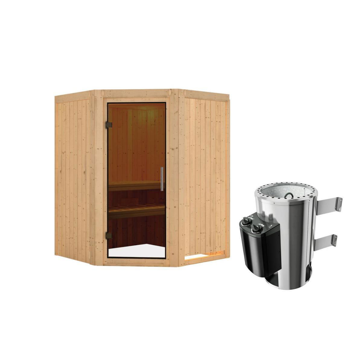 Karibu Sauna Nanja Eckeinstieg 3,6 kW Ofen integr Strg kein Kranz Energiespartür Bild 1