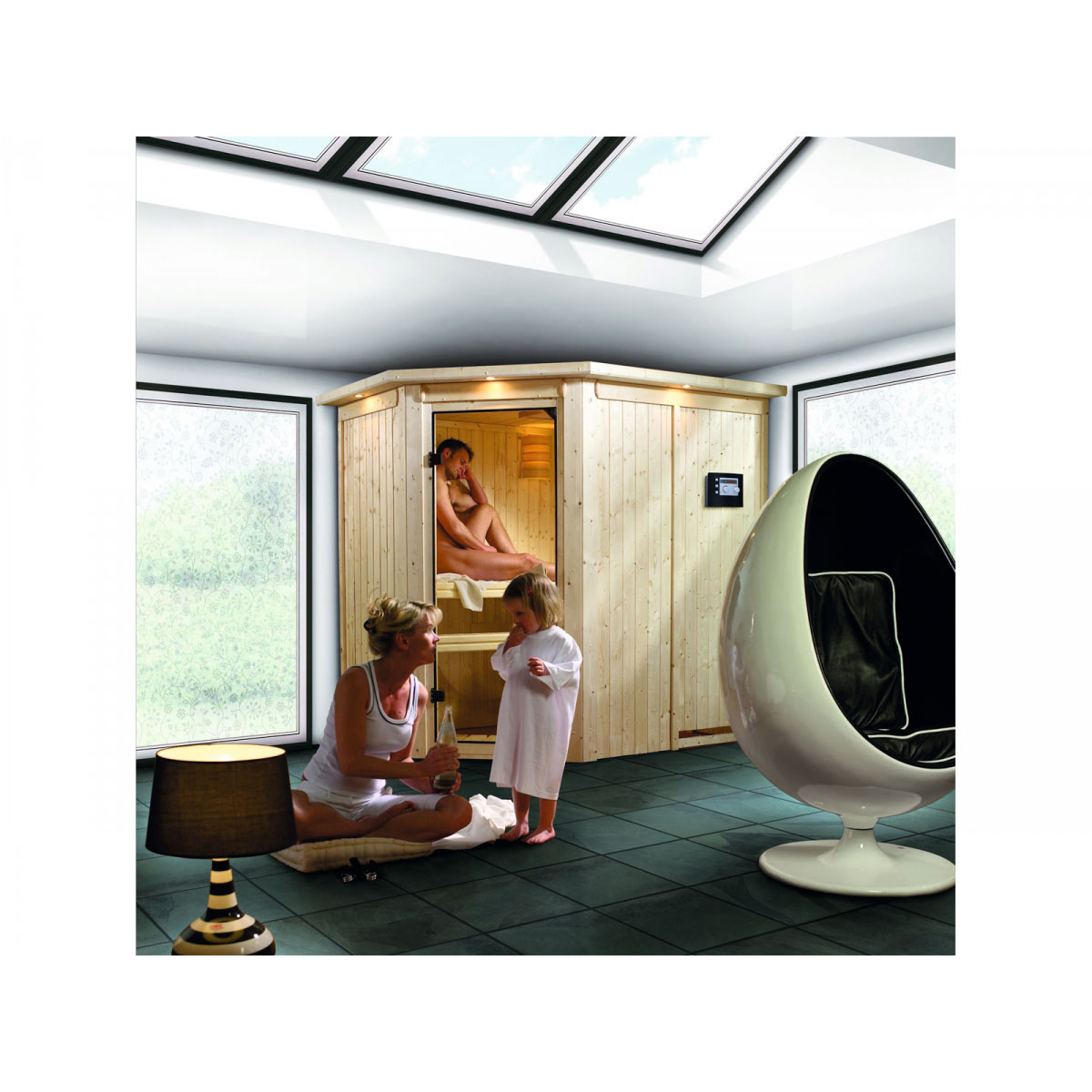 Karibu Systemsauna Saja 68 mm 3,6 kW Ofen externe Strg modern mit Kranz