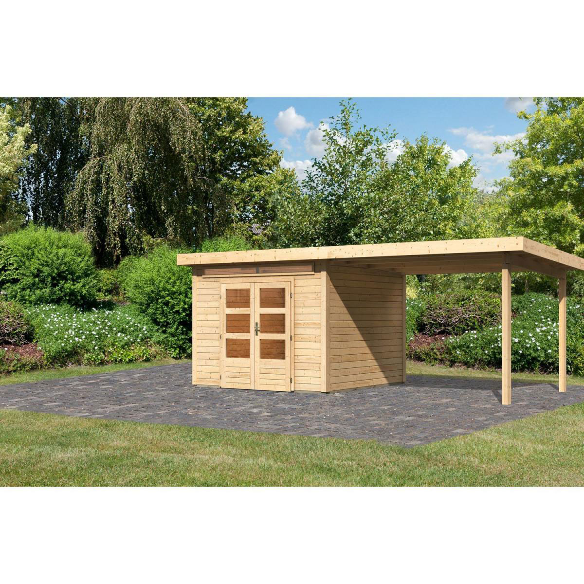 Karibu Gartenhaus-Set Kandem 6 mit Anbaudach 2,95 m naturbelassen Bild 1