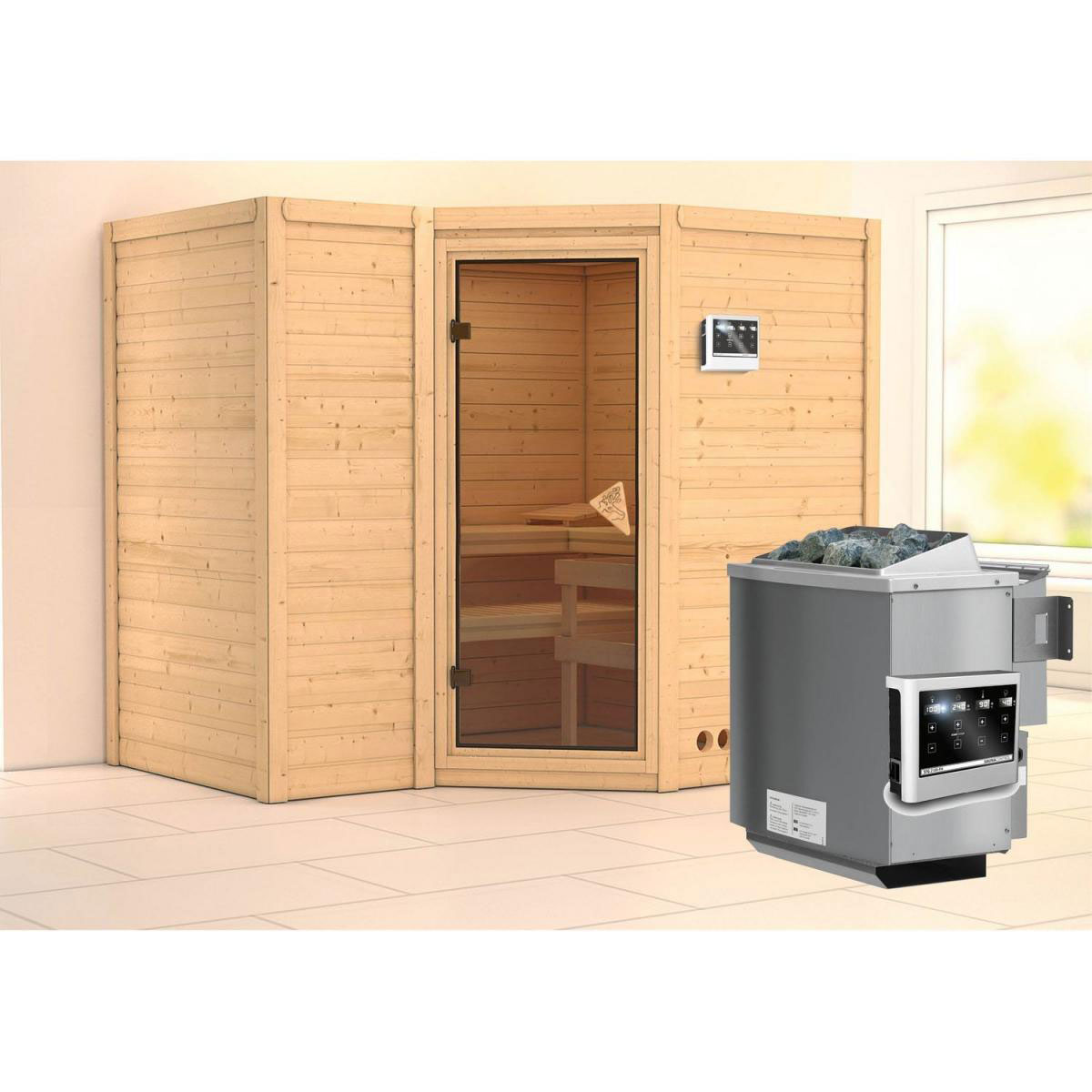 Karibu Massivholzsauna Sahib 2 40 mm 9 kW Ofen Bio externe Strg ohne Dachkranz Bild 1