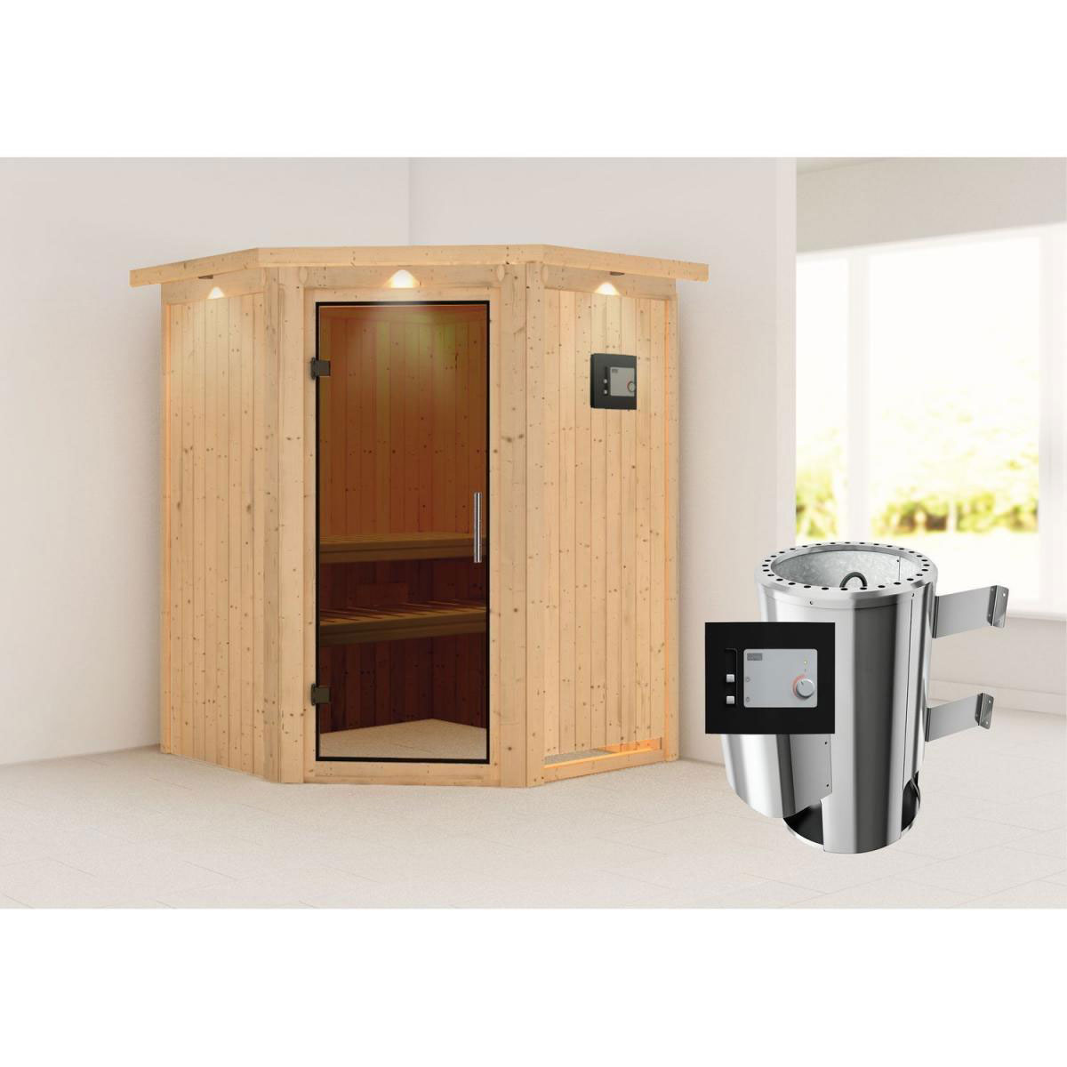 Karibu Sauna Nanja Eckeinstieg 3,6 kW Ofen externe Strg modern mit Kranz graphitfarbene Glastür Bild 7
