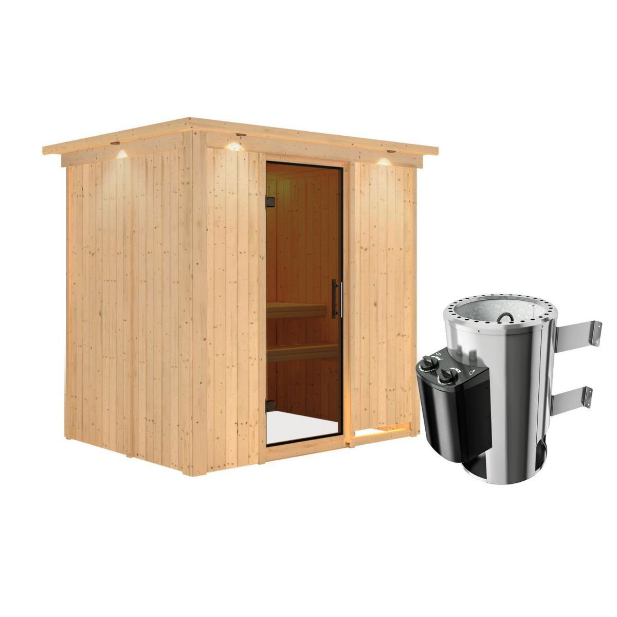 Karibu Sauna Fanja Fronteinstieg 3,6 kW Ofen integr Strg mit Kranz graphitfarbene Glastür Bild 1