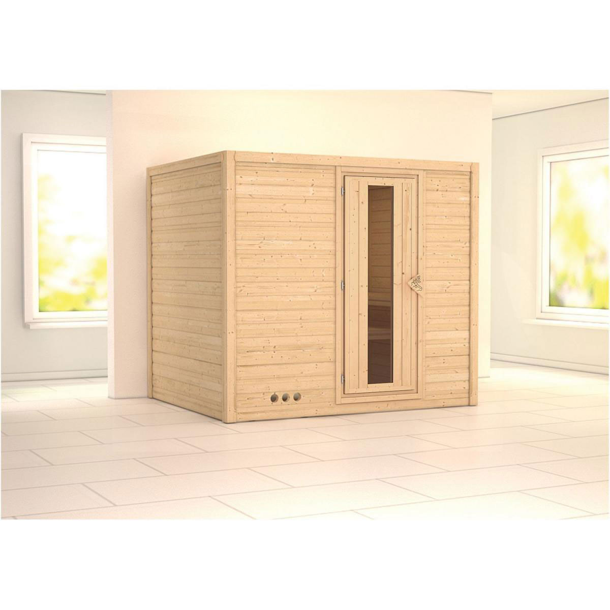 Karibu Sauna Sonara Fronteinstieg ohne Ofen Tür gedämmt ohne Kranz Bild 1