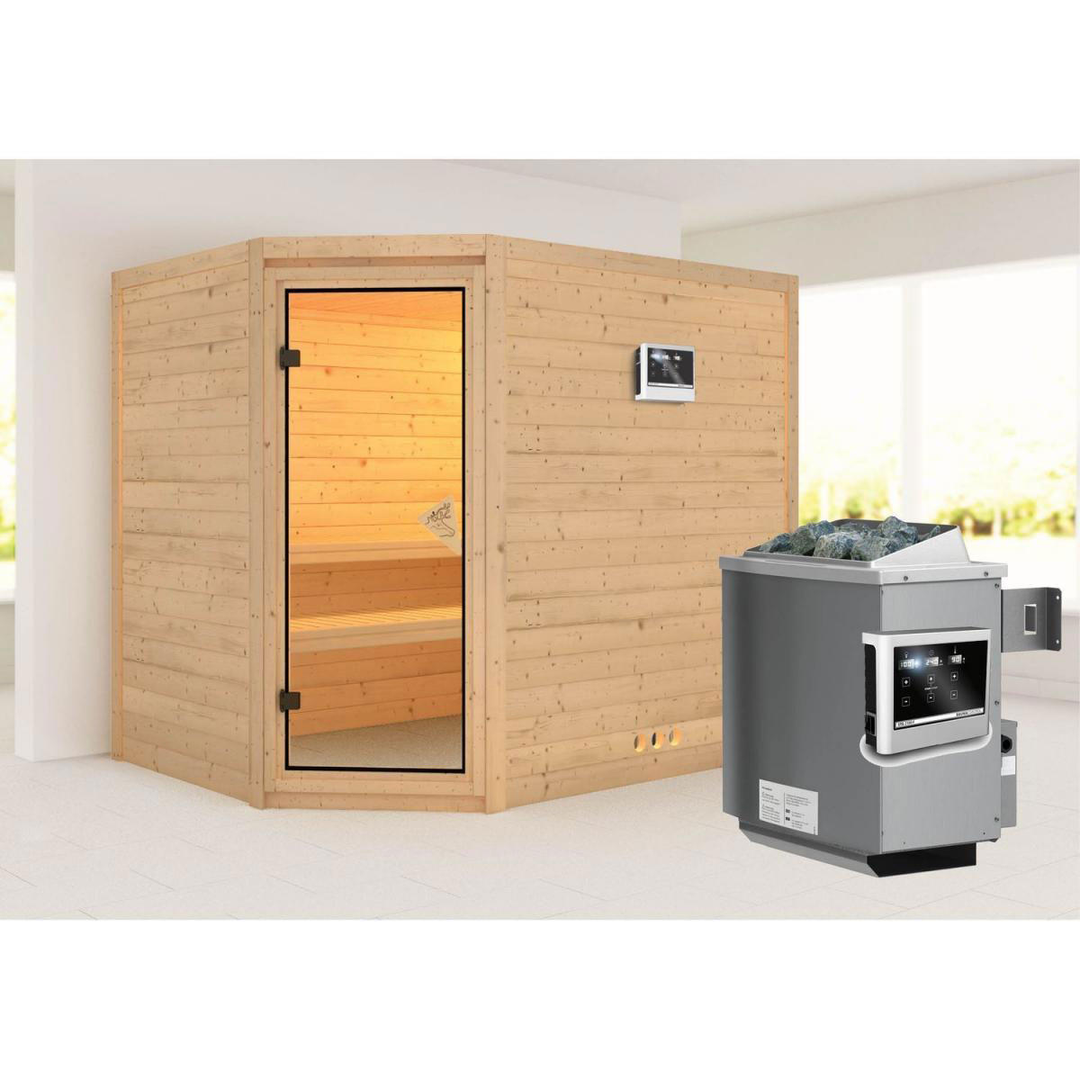 Karibu Massivholzsauna Tanami 40 mm 9 kW Ofen externe Strg modern ohne Kranz Bild 1
