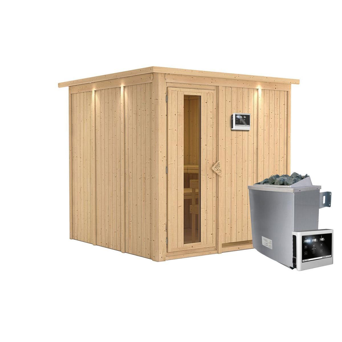 Karibu Sauna Rodin Fronteinstieg 9 kW externe Strg modern Tür gedämmt mit Kranz Bild 2