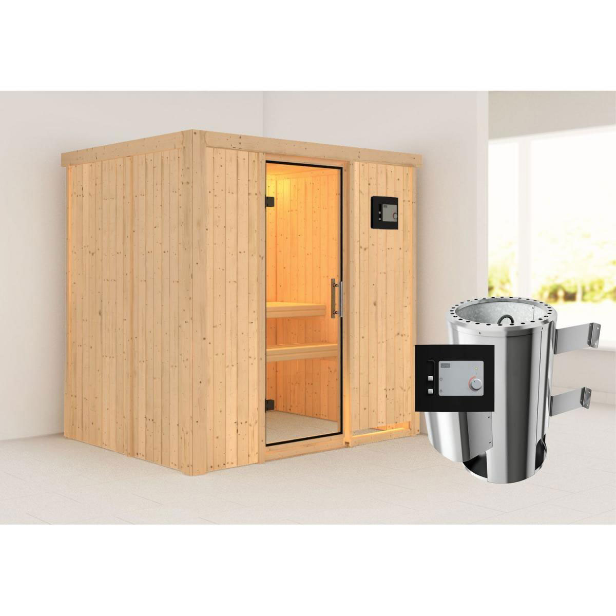 Karibu Sauna Fanja Fronteinstieg 3,6 kW Ofen externe Strg kein Kranz Klarglas-Tür Bild 6