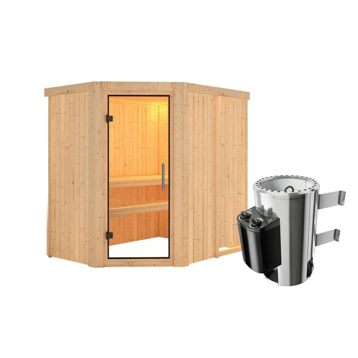 Karibu Sauna Saja Eckeinstieg 3,6 kW Ofen integr Strg kein Kranz Klarglas-Tür Bild 2