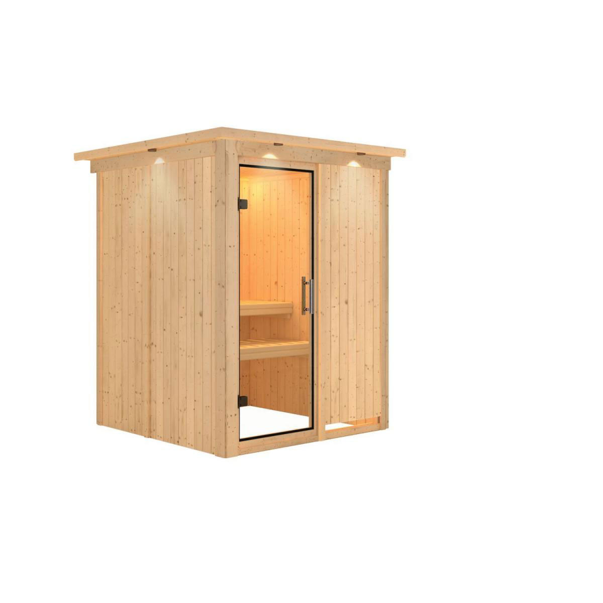Karibu Sauna Minja Fronteinstieg ohne Ofen mit Kranz Klarglas-Tür Bild 1