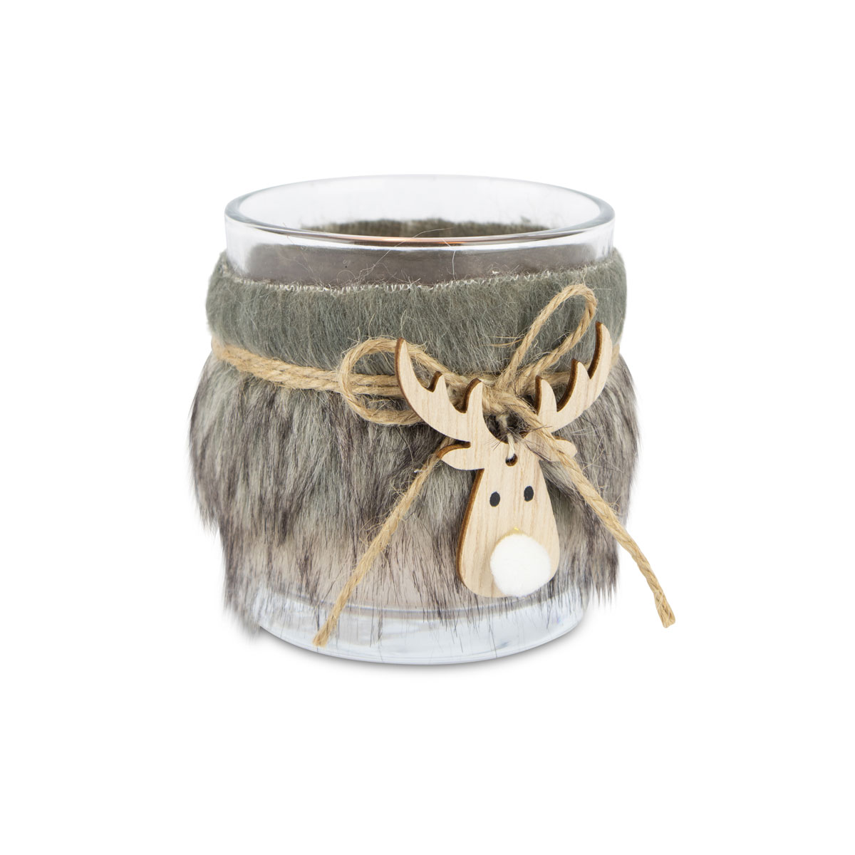 Windlicht mit Filz und Hirschkopf Glas 7,5 x 7,5 x 8 cm grau