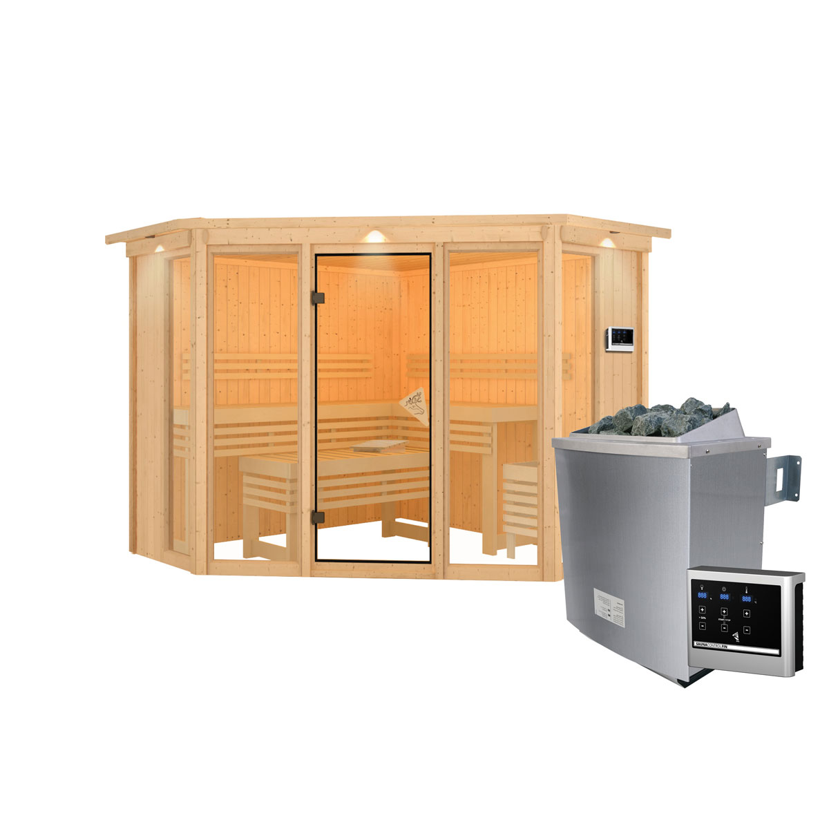 Karibu Sauna Alcinda 2 mit Kranz naturbelassen externe Steuerung Bild 3