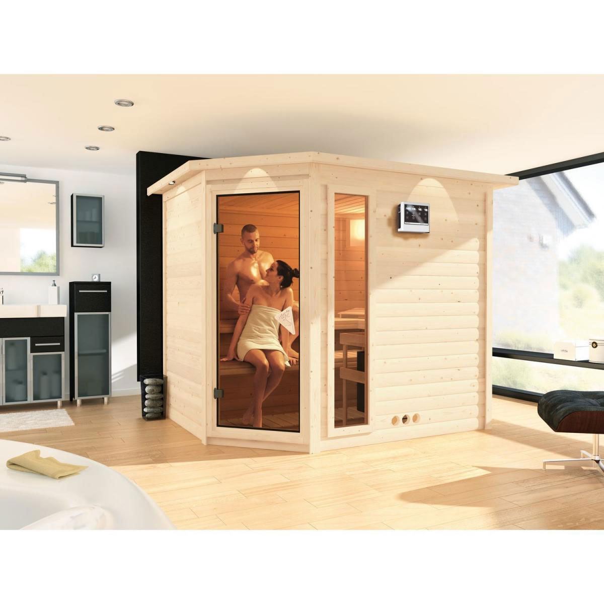 Karibu Massivholzsauna Tanami 40 mm ohne Ofen mit Kranz Bild 5