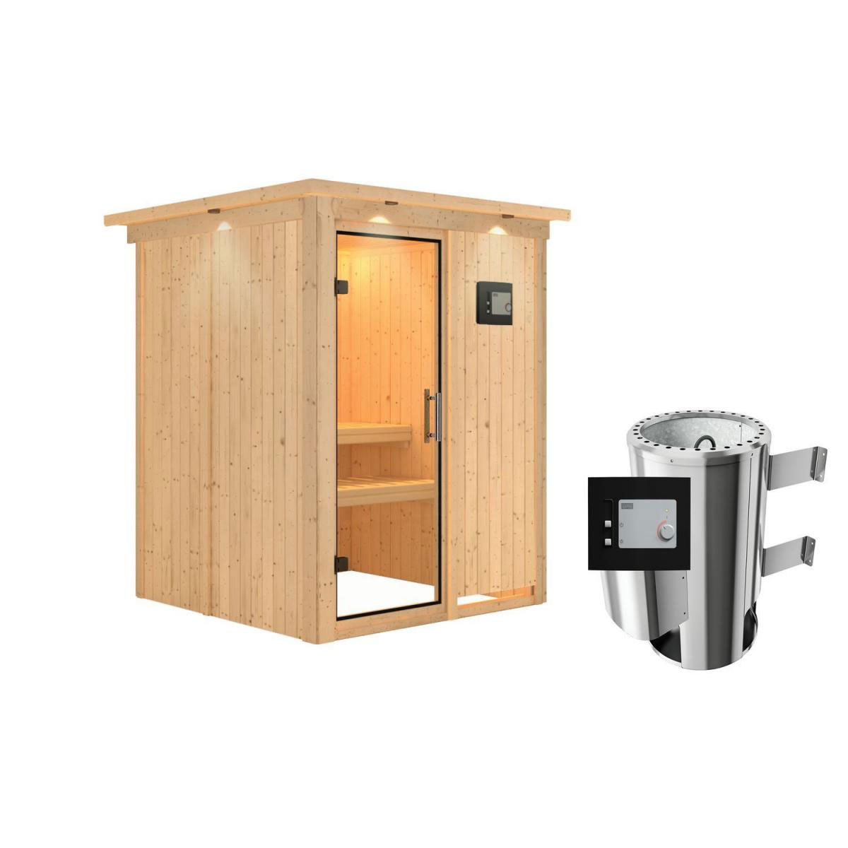 Karibu Sauna Minja Fronteinstieg 3,6 kW Ofen externe Strg modern mit Kranz Klarglas-Tür Bild 1