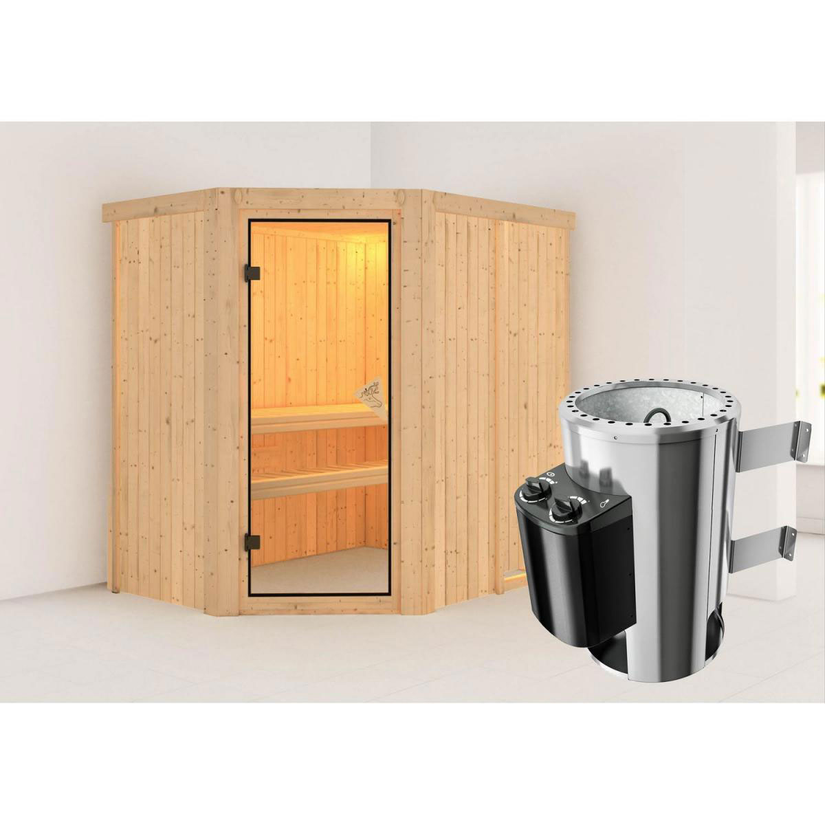 Karibu Systemsauna Saja 68 mm 3,6 kW Ofen integr Strg ohne Dachkranz Bild 1