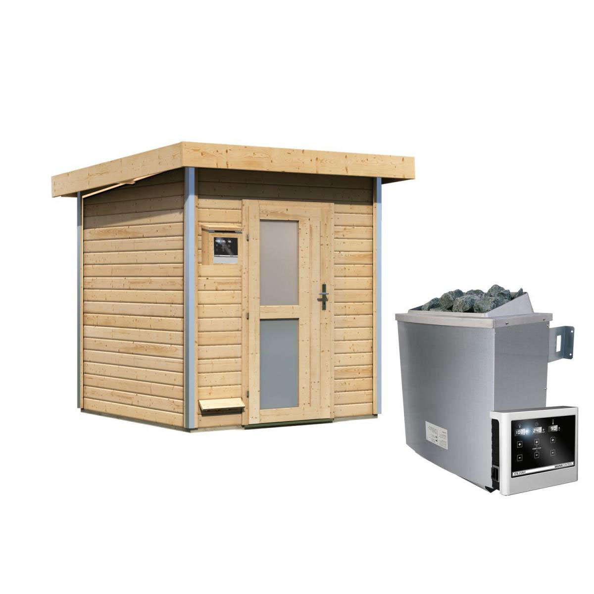 Karibu Saunahaus Torge 38 mm 9 kW Ofen externe Strg Milchglastür Bild 1