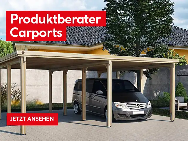 Ein graues Auto parkt unter einem Carport neben einem gelben Haus.