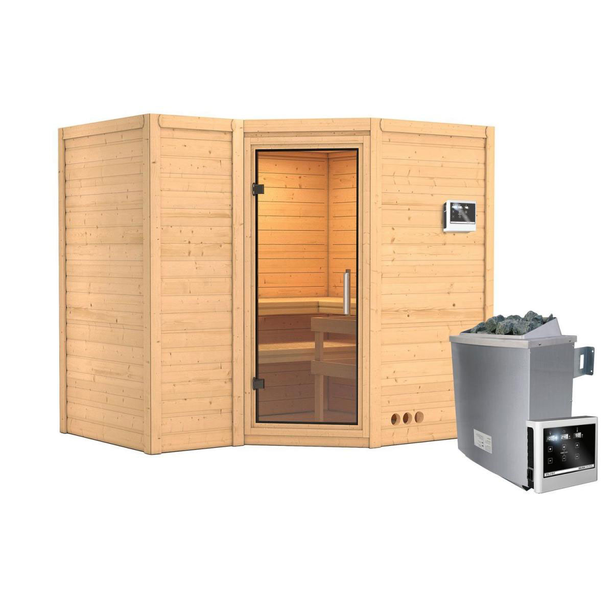 Karibu Sauna Sahib 2 Eckeinstieg 9 kW Ofen externe Strg kein Kranz Klarglas-Tür Bild 1