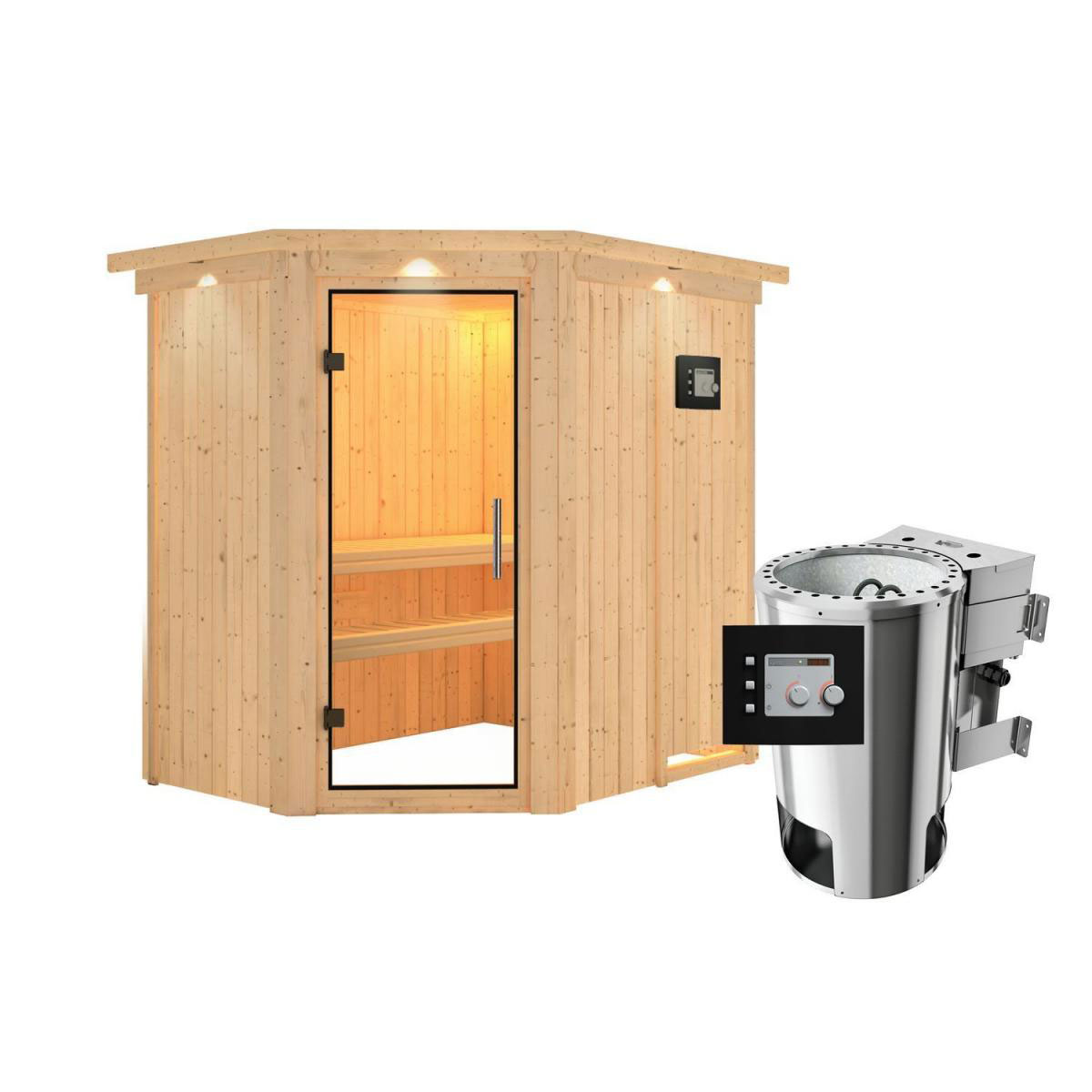Karibu Sauna Saja Eckeinstieg 3,6 kW Bio Ofen externe Strg modern mit Kranz Klarglas-Tür Bild 1