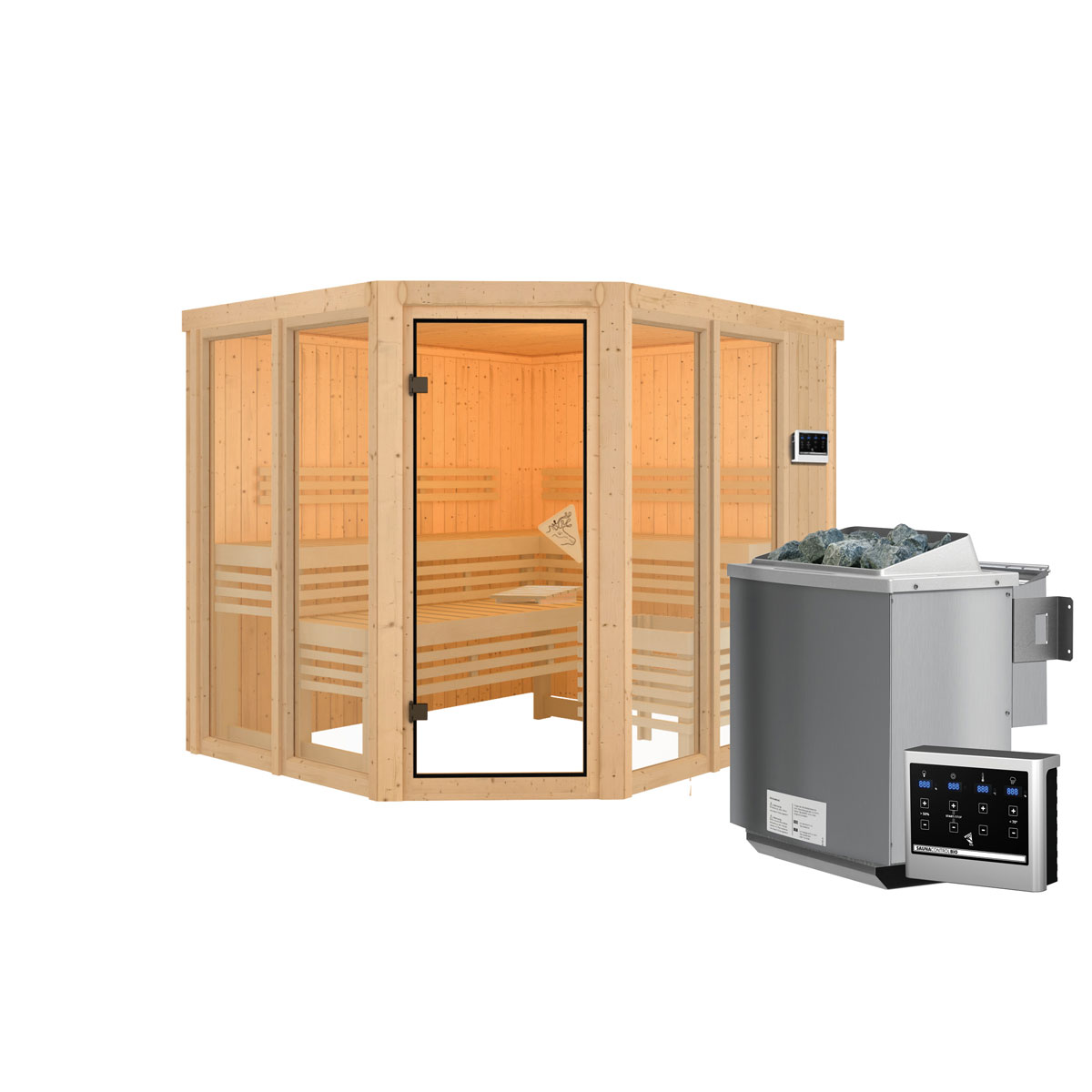 Karibu Sauna Ainur 3 naturbelassen Bio externe Steuerung ohne Kranz Bild 3