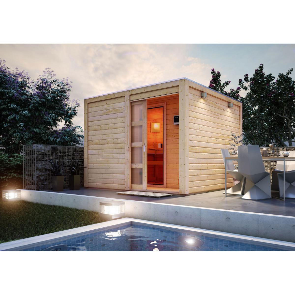 Karibu Saunahaus Cuben 38 mm Ofen 9kW externe St ohne Dachkranz Bild 3