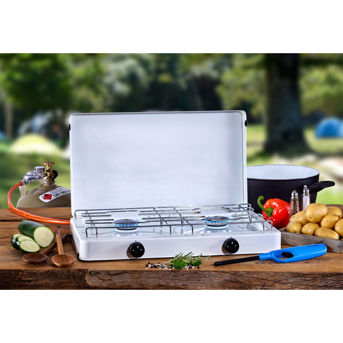 CFH  Zweiflammkocher Capri inklusive Druckregler und 80 cm Gasschlauch Bild 2