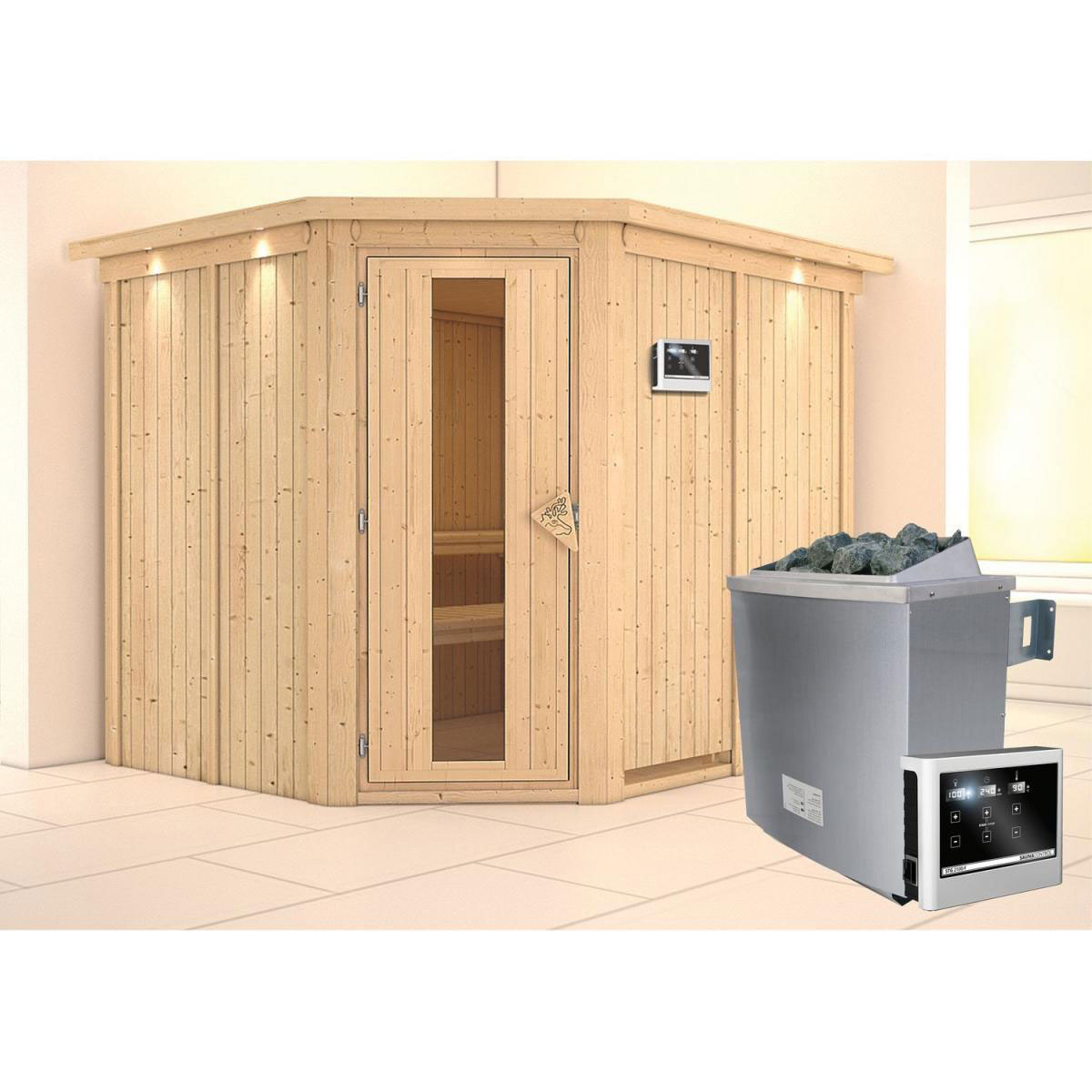 Karibu Sauna Malin Eckeinstieg 9 kW Ofen externe Strg modern Tür gedämmt mit Kranz Bild 1