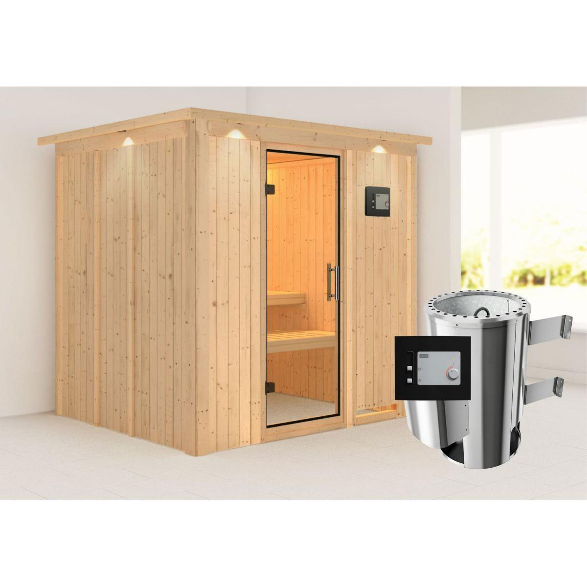 Karibu Sauna Daria Fronteinstieg 3,6 kW Ofen externe Strg modern mit Kranz Klarglas-Tür Bild 7