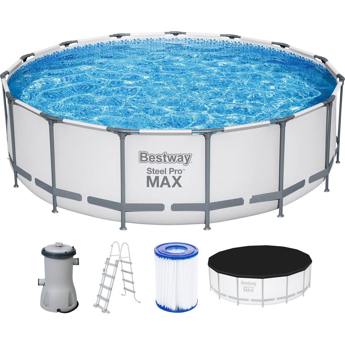 Bestway Steel Pro MAX™ Frame Pool Komplett-Set mit Filterpumpe Ø 457x122 cm, lichtgrau rund Bild 1