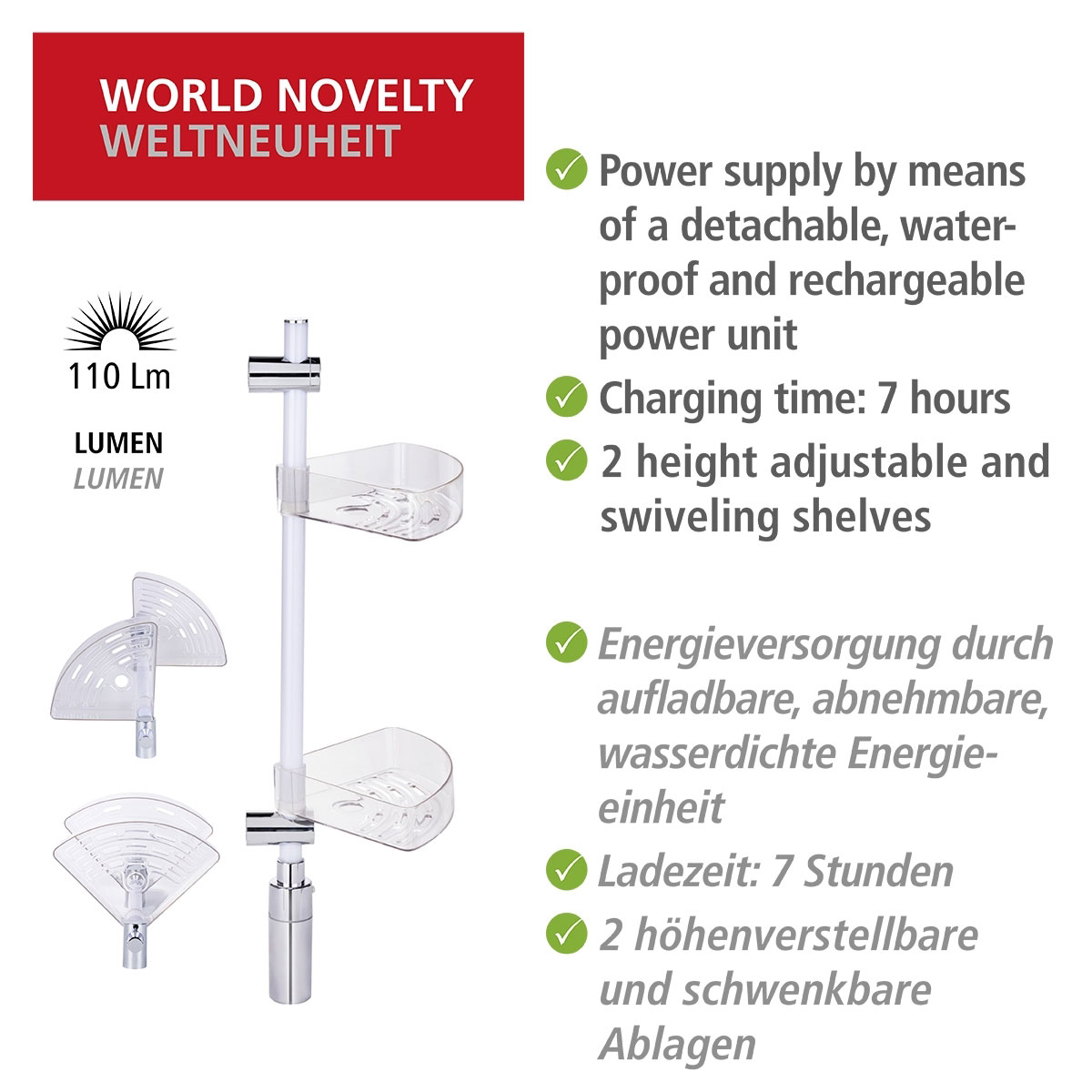 Wenko  LED Duscheckregal 74 cm LED-Duschstange mit Bewegungsmelder und 2 Ablagen Bild 7