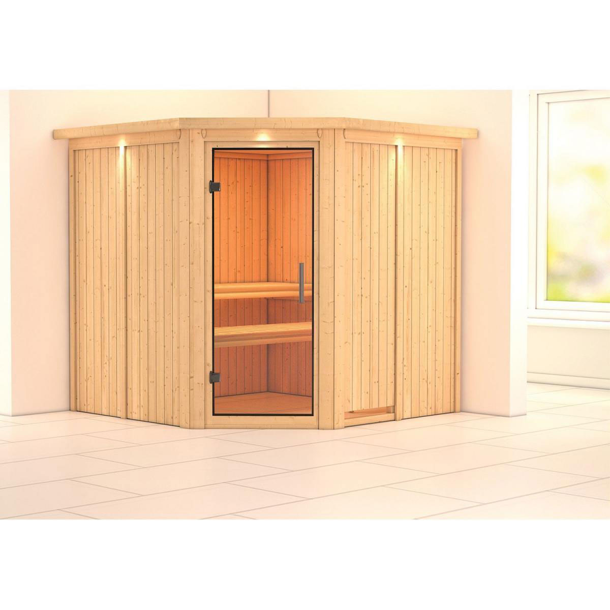 Karibu Sauna Jarin Eckeinstieg ohne Ofen mit Kranz Klarglas-Tür Bild 5
