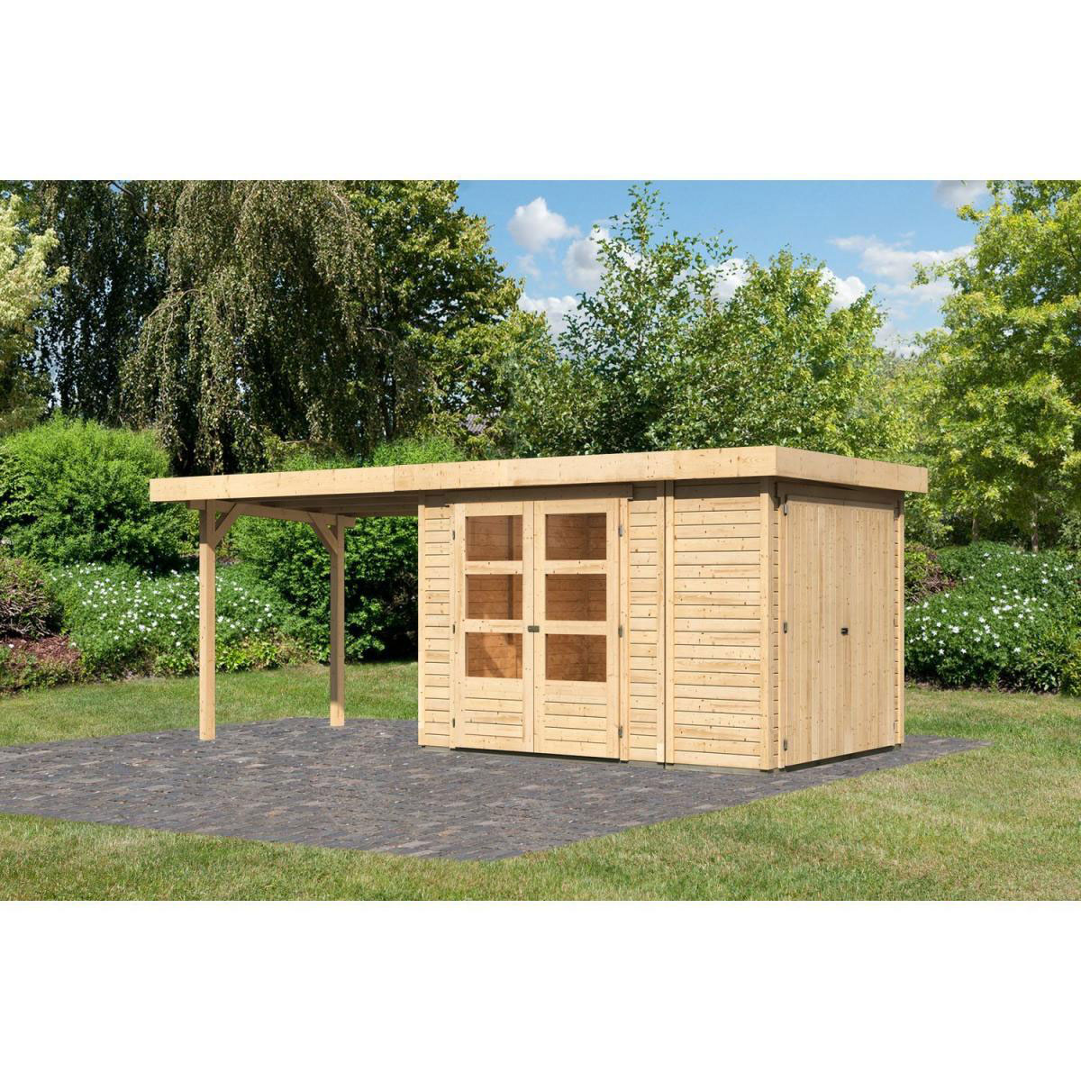 Karibu Gartenhaus Retola 2 inkl Anbauschrank und Anbaudach 2,80 Meter naturbelassen