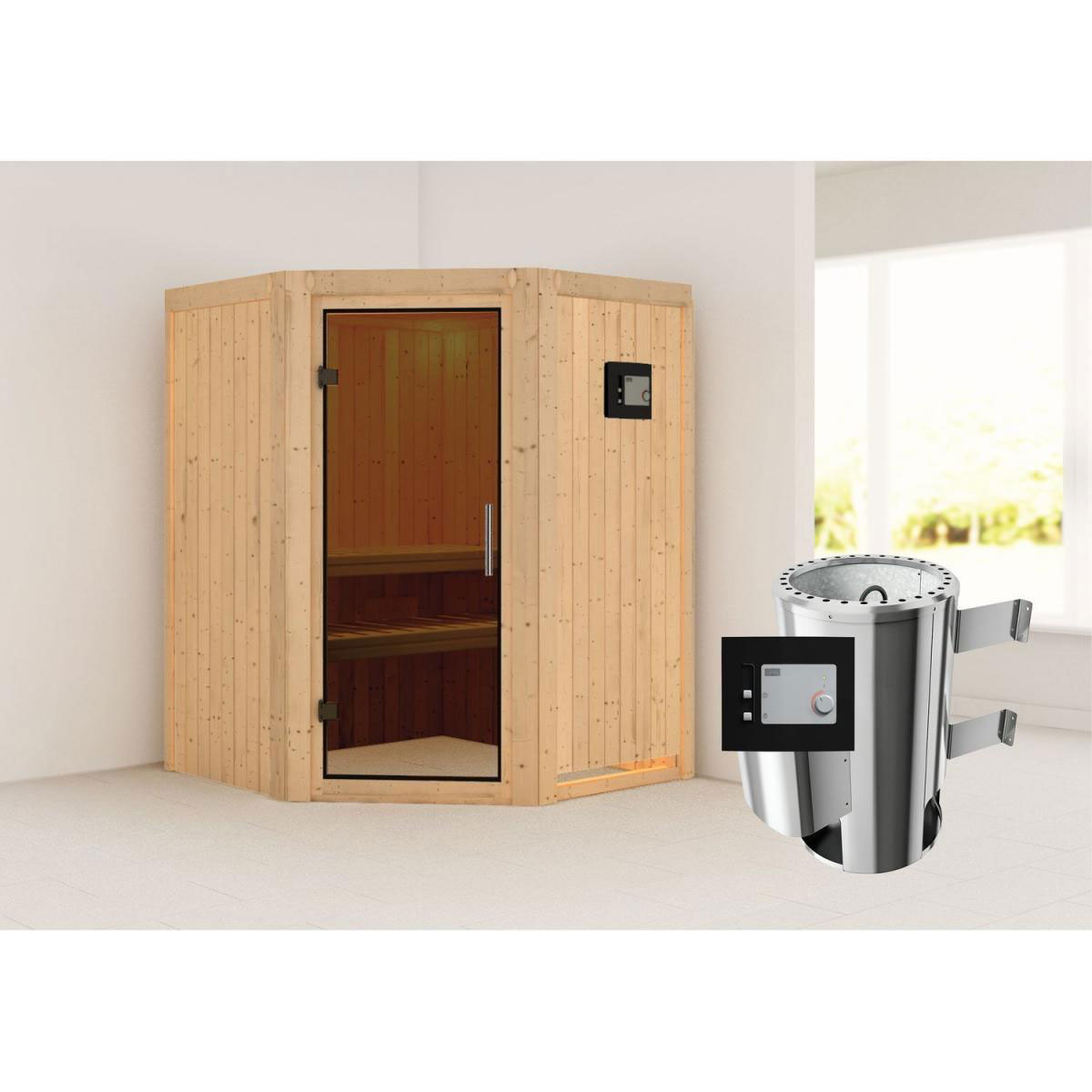 Karibu Sauna Nanja Eckeinstieg 3,6 kW Ofen externe Strg modern kein Kranz Energiespartür Bild 6