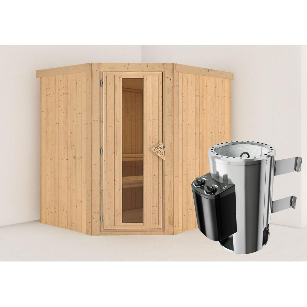 Karibu Sauna Lilja Eckeinstieg 3,6 kW Ofen integr Strg kein Kranz Klarglas-Tür Bild 5