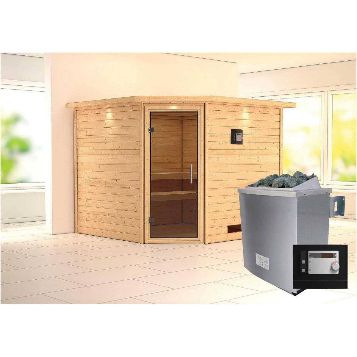 Karibu Sauna Leona Eckeinstieg 9 kW Ofen externe Strg modern mit Kranz graphitfarbene Tür Bild 7