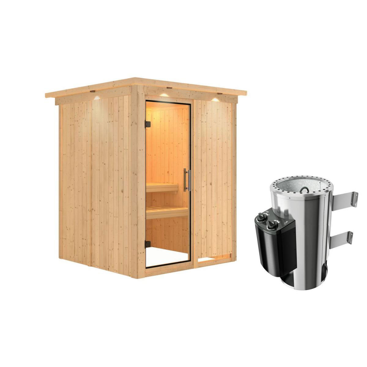 Karibu Sauna Minja Fronteinstieg 3,6 kW Ofen integr Strg mit Kranz Klarglas-Tür Bild 2