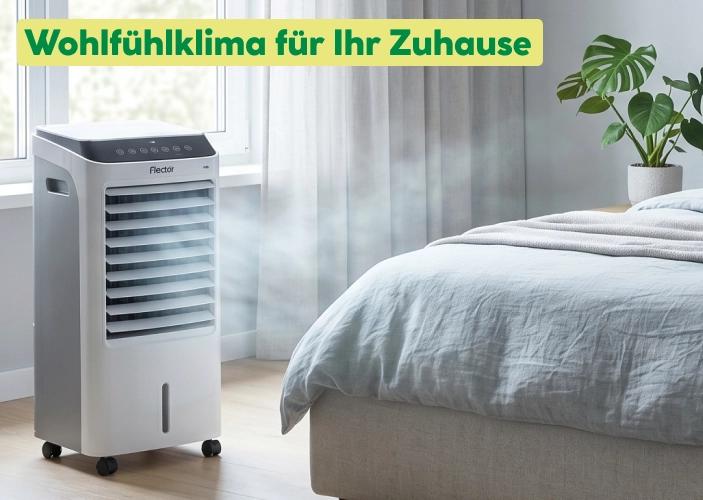 Mobiles Klimagerät kühlt ein modernes Schlafzimmer