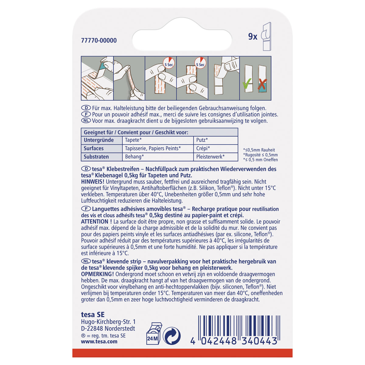 Tesa Klebestreifen für Tapete und Putz 9 Stück Traglast 9 x 0,5 kg Bild 2