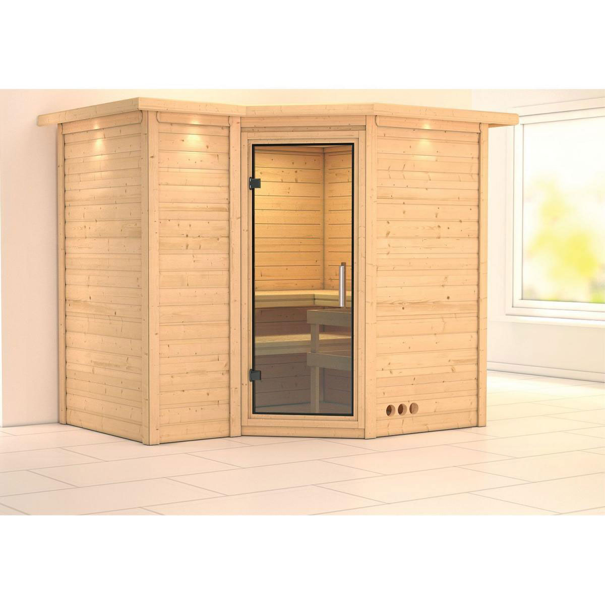 Karibu Sauna Sahib 2 Eckeinstieg ohne Ofen mit Kranz Klarglas-Tür Bild 4