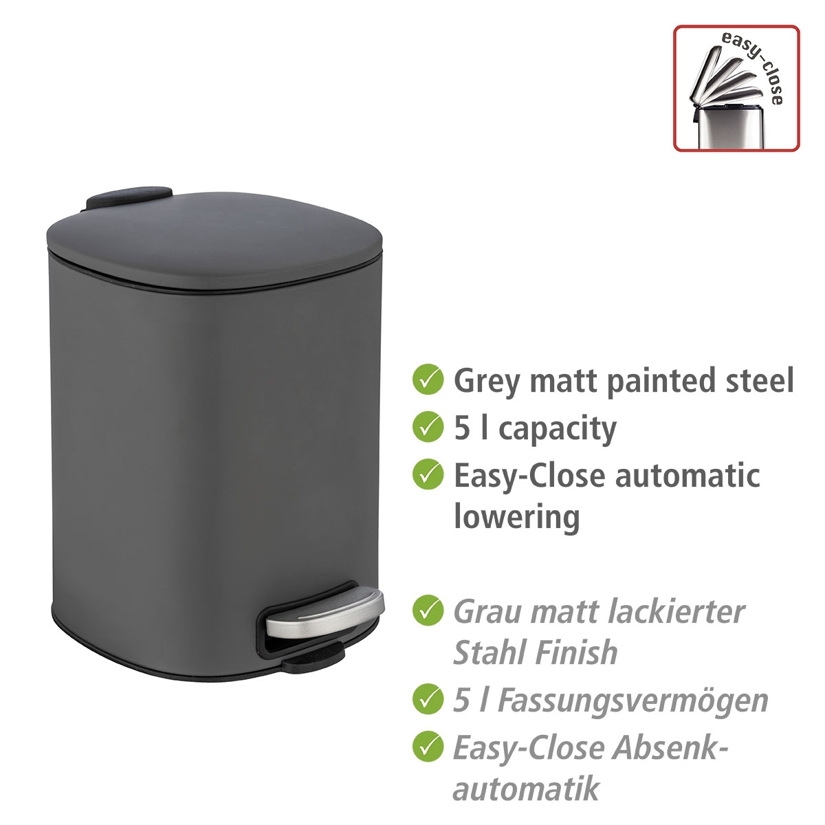 Wenko  Treteimer Alassio Grau 5 L Easy-Close Absenkautomtik Bild 2