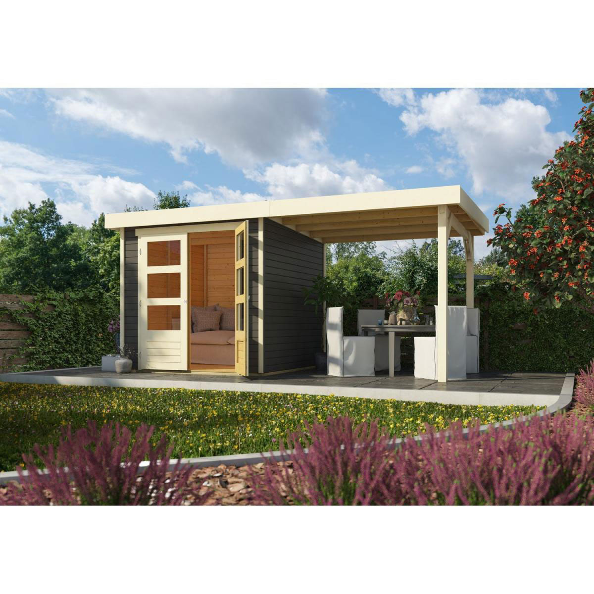 Karibu Gartenhaus-Set Askola 2 mit Anbaudach 2,40 m terragrau Bild 3