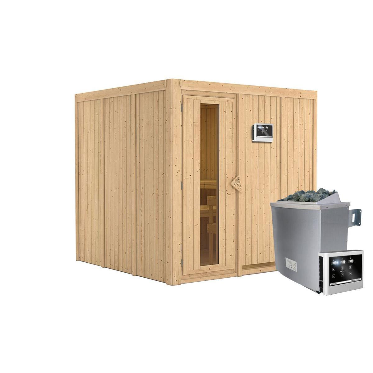 Karibu Sauna Rodin Fronteinstieg 9 kW Ofen externe Strg modern Tür gedämmt ohne Kranz Bild 2