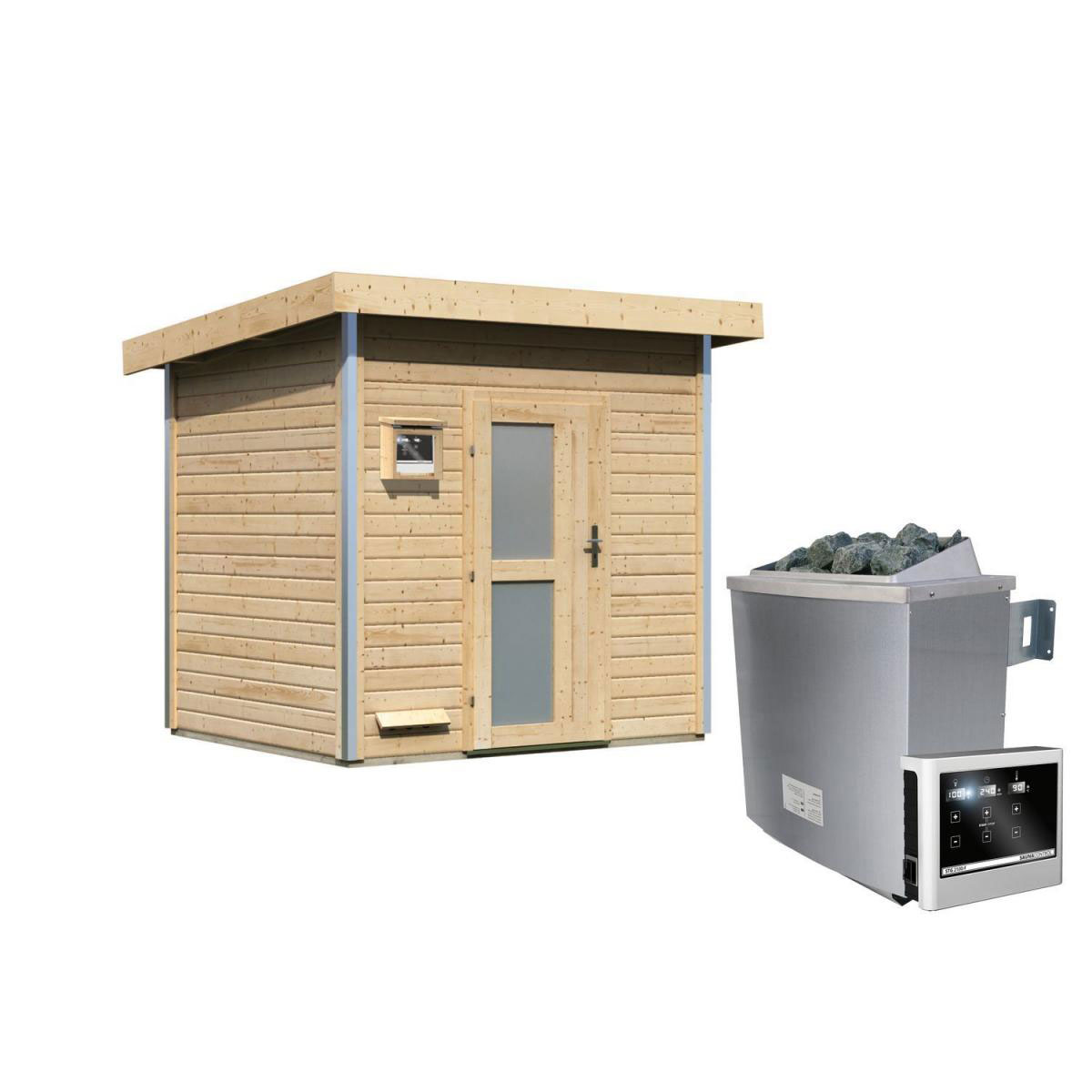 Karibu Saunahaus Norge 38 mm 9 kW Ofen externe Strg Milchglastür Bild 1