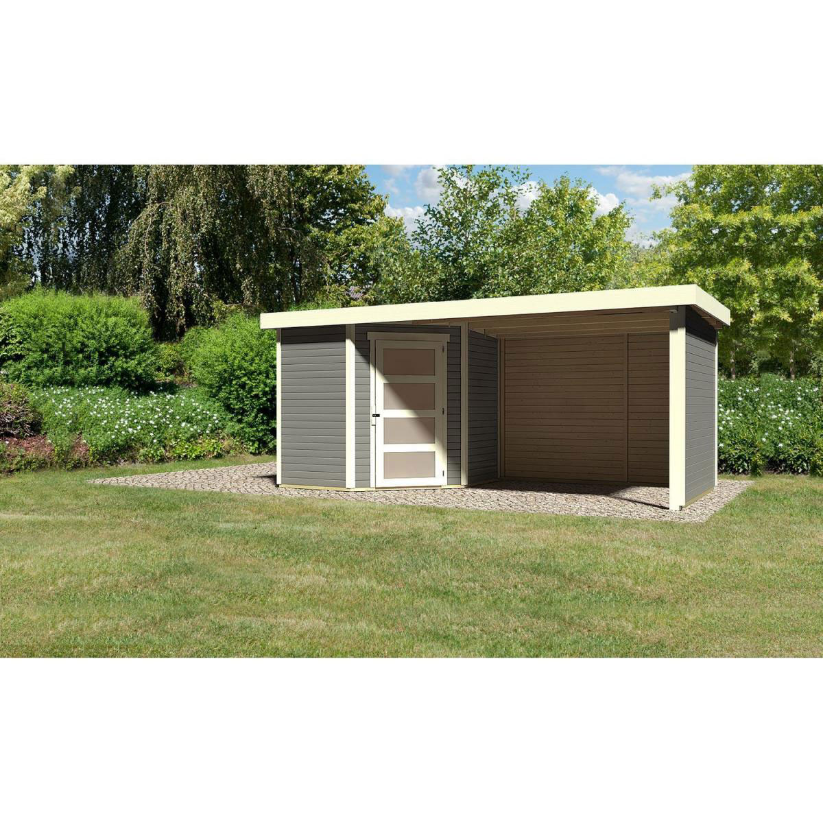 Karibu Gartenhaus Schwandorf 3/5 mit Anbaudach 260 cm und Seiten-/Rückwand 213 x 217 x 218 cm grau Bild 1