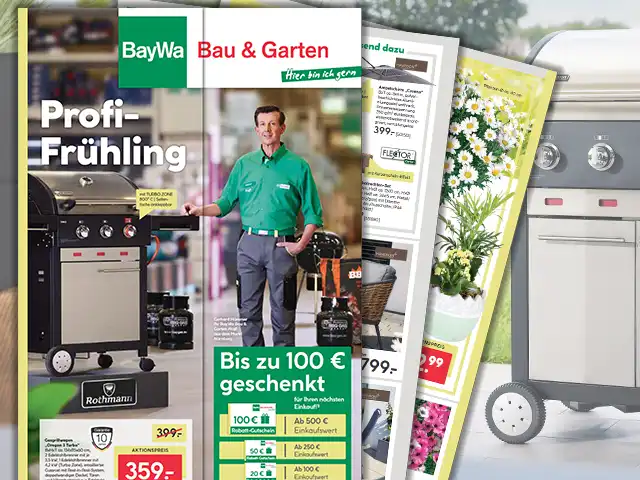 Ein Verkäufer präsentiert einen Grill im Baumarkt-Prospekt "BayWa - Bau & Garten".