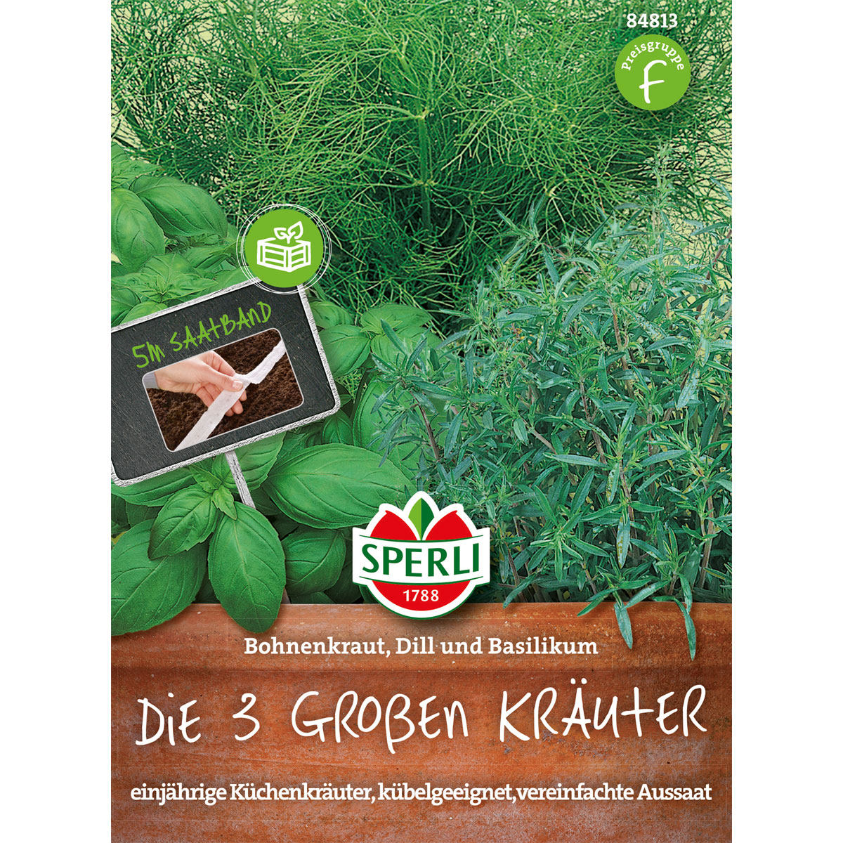 Sperli Die 3 großen Kräuter Bohnenkraut/Dill/Basilikum 5 m Saatband