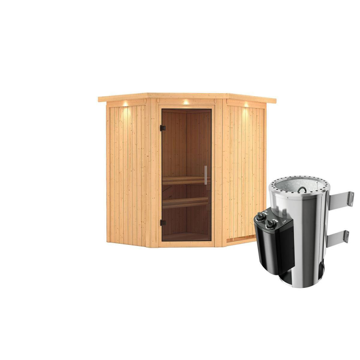 Karibu Sauna Tonja Eckeinstieg 3,6 kW Ofen integr Strg mit Kranz graphitfarbene Glastür Bild 1