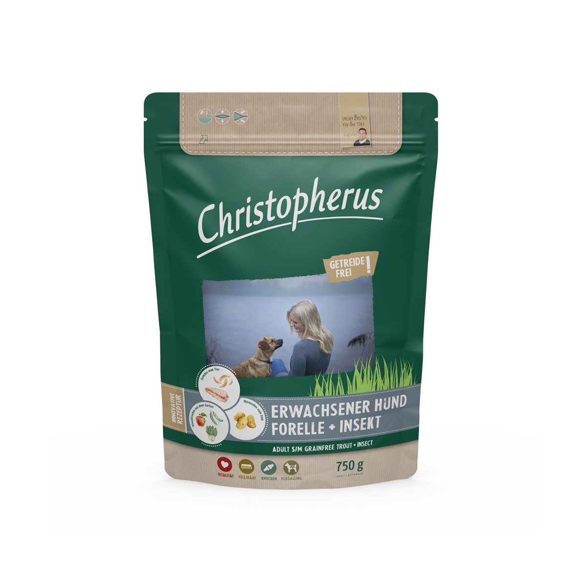 Christopherus Erwachsener Hund Getreidefrei Forelle und Insekt 750g