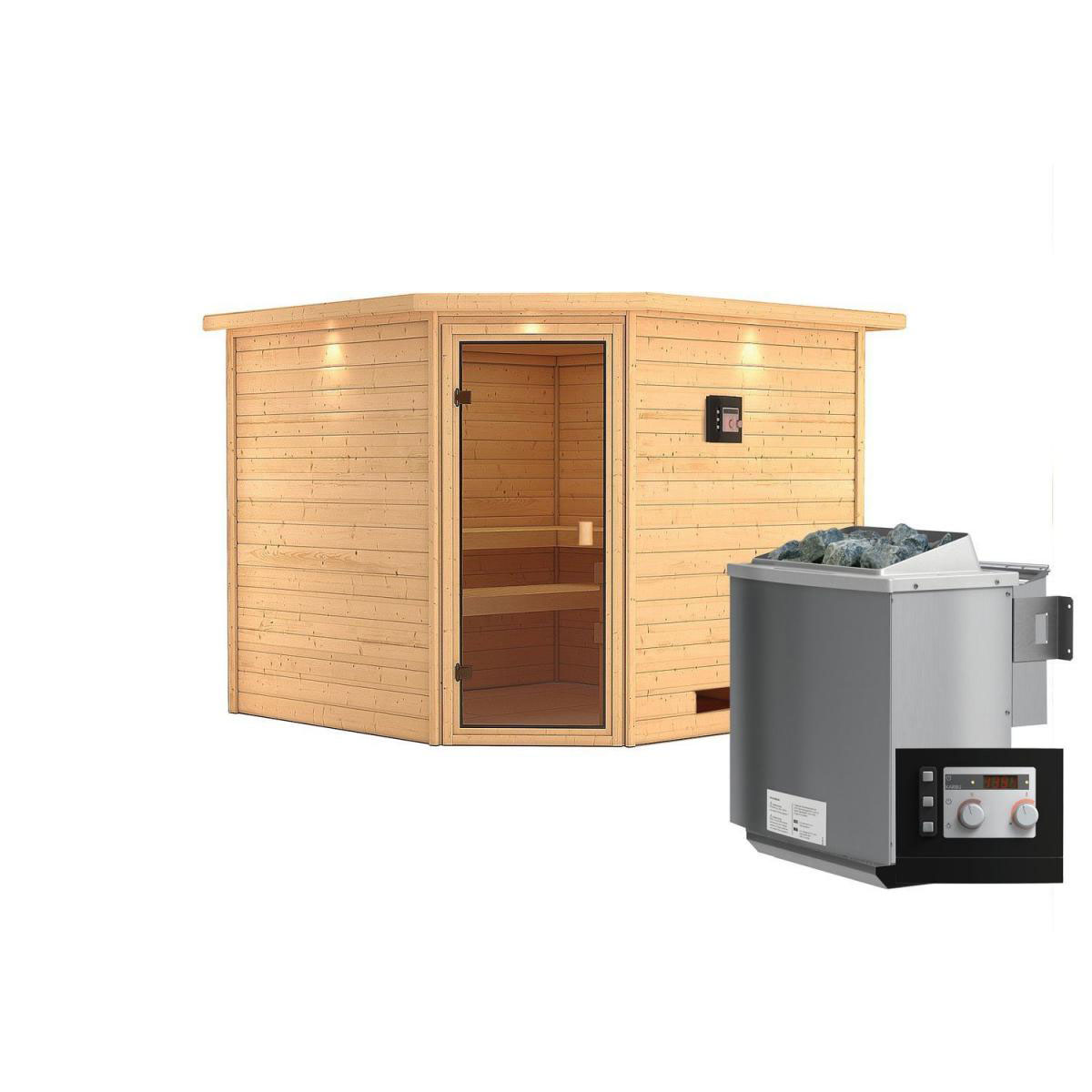 Karibu Sauna Leona Eckeinstieg 9 kW Bio Ofen externe Strg mit Kranz bronzierte Glastür Bild 1